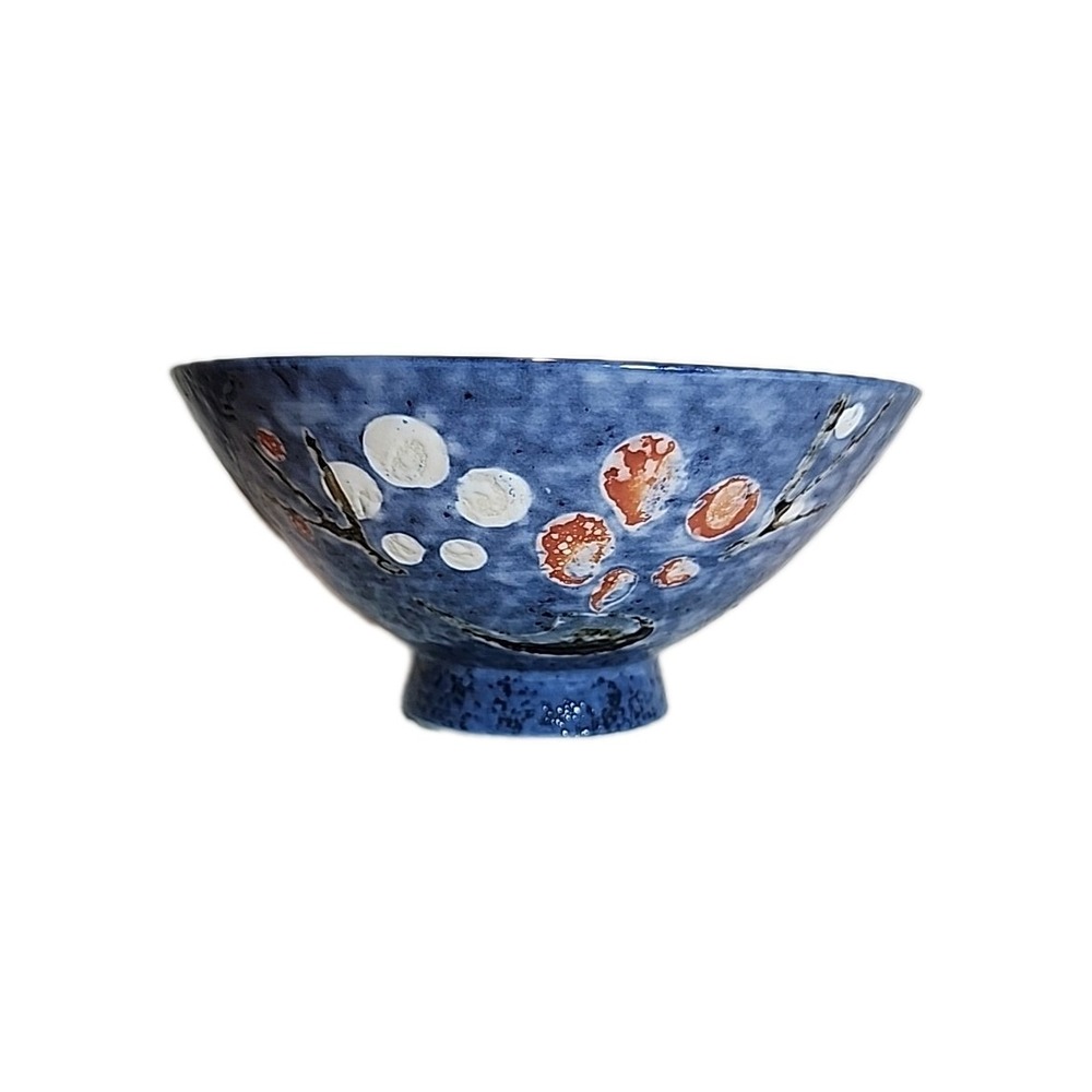 Japanese Footed Rice Bowl  hand-painted ume blossom design. Pebble Glaze